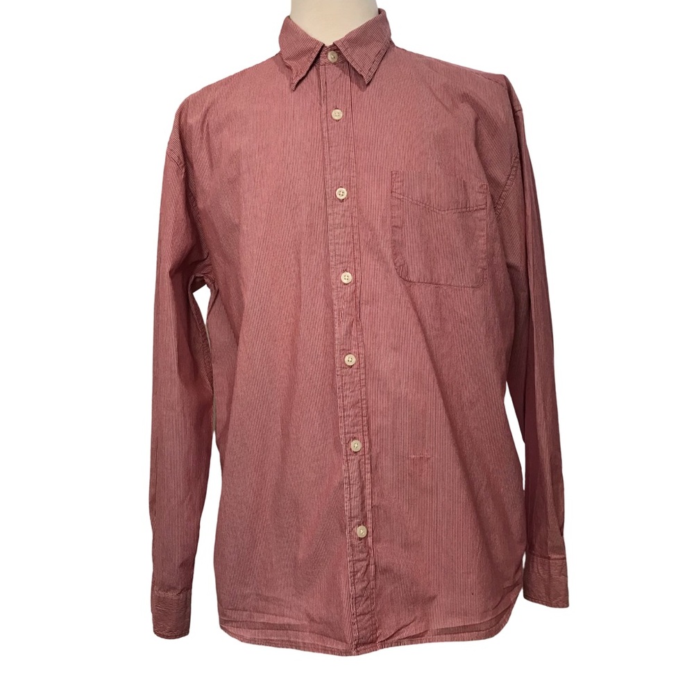 Old Navy Button Up Shirt Men’s Size L Red Striped Long Sleeve’s Collared Neck